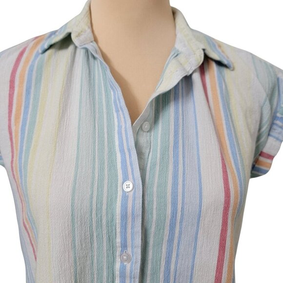 LOFT Outlet Size XS Washed Multi Color Striped Button Down Short Sleeve Shirt - Picture 2 of 11
